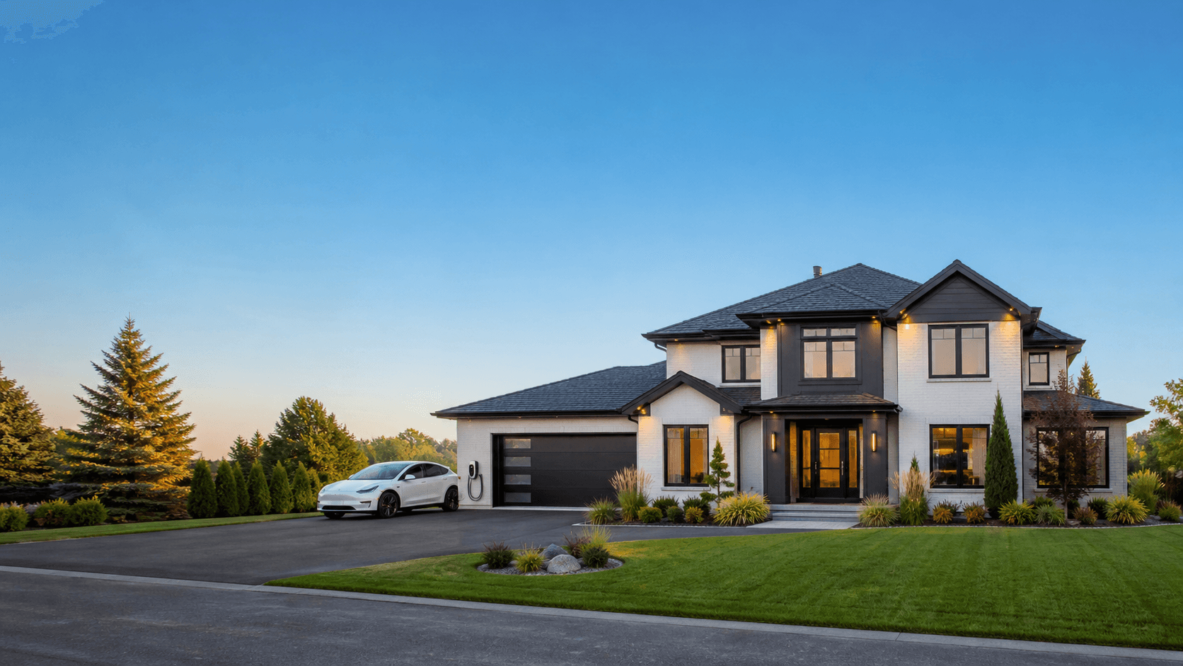 Vue panoramique d’une maison de l’Ouest-de-l’Île avec garage attenant et borne de recharge