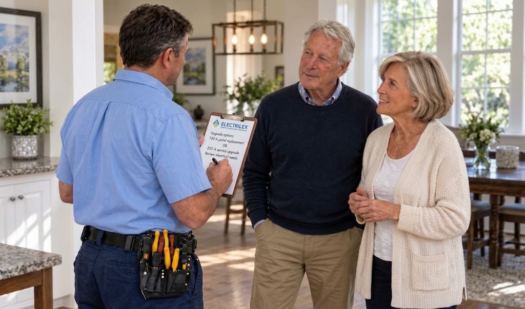 Electrician discussing an electrical service upgrade with homeowners