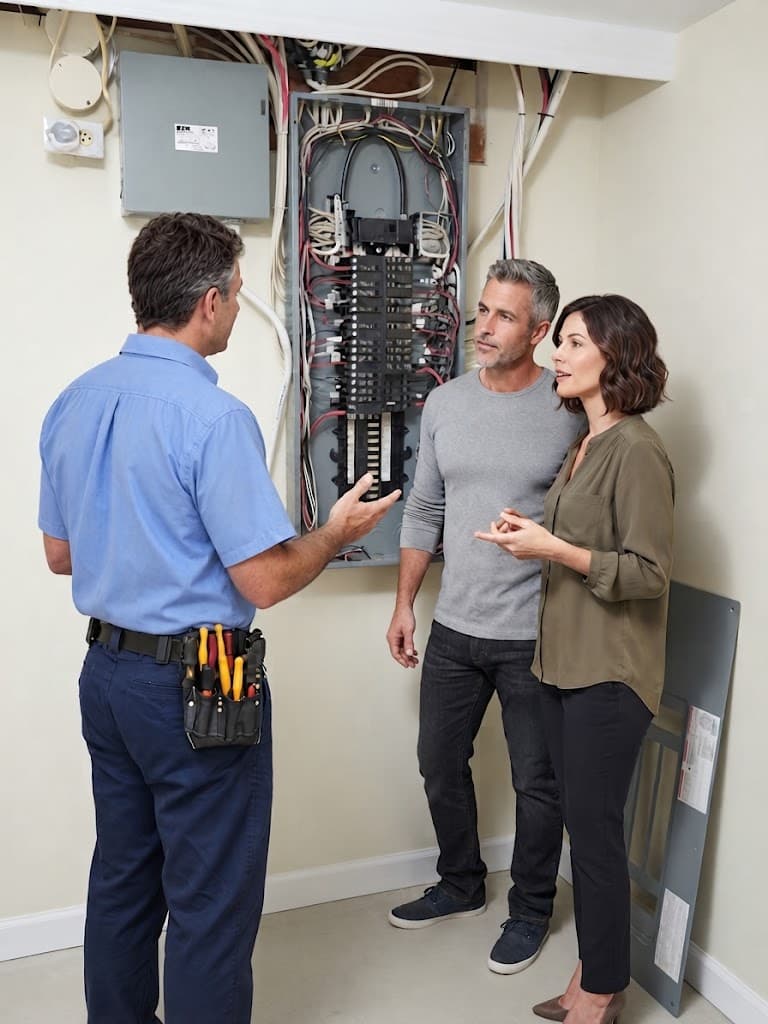 Electrician explaining a residential electrical panel to homeowners