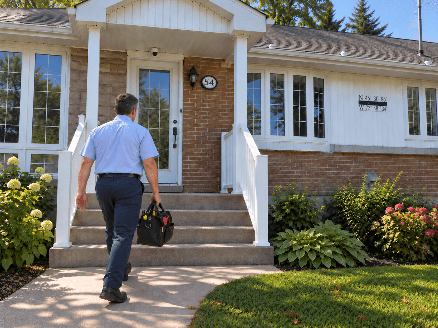 Électricien arrivant à une maison de l’Ouest-de-l’Île pour un appel de service