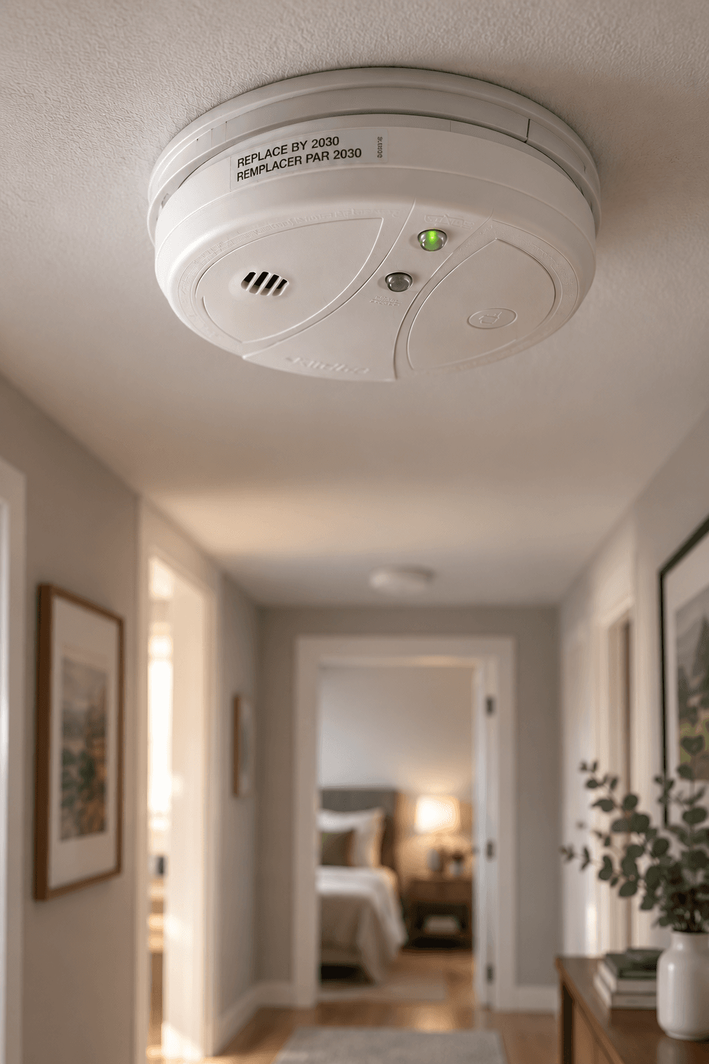 Residential smoke alarm installed on a hallway ceiling