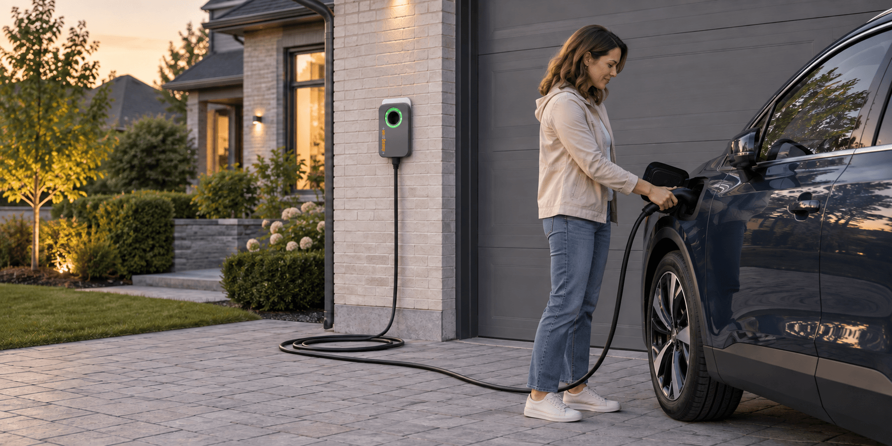 Homeowner connecting an electric vehicle to a residential charger