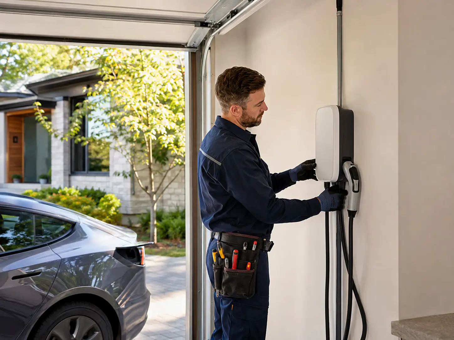 Electric vehicle charging beside a residential garage