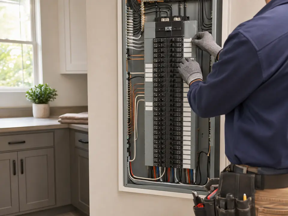 Residential electrical panel with labelled breakers