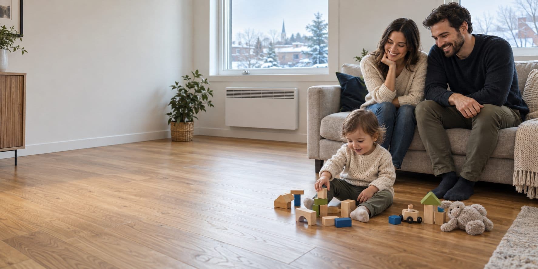 Family relaxing in a room heated by an electric baseboard