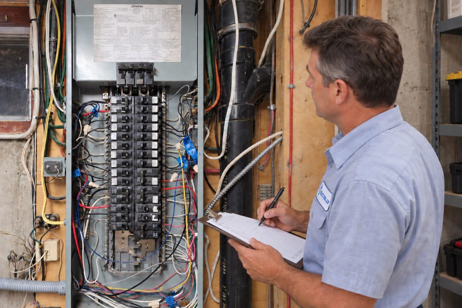 Électricien consignant ses observations devant un panneau électrique résidentiel
