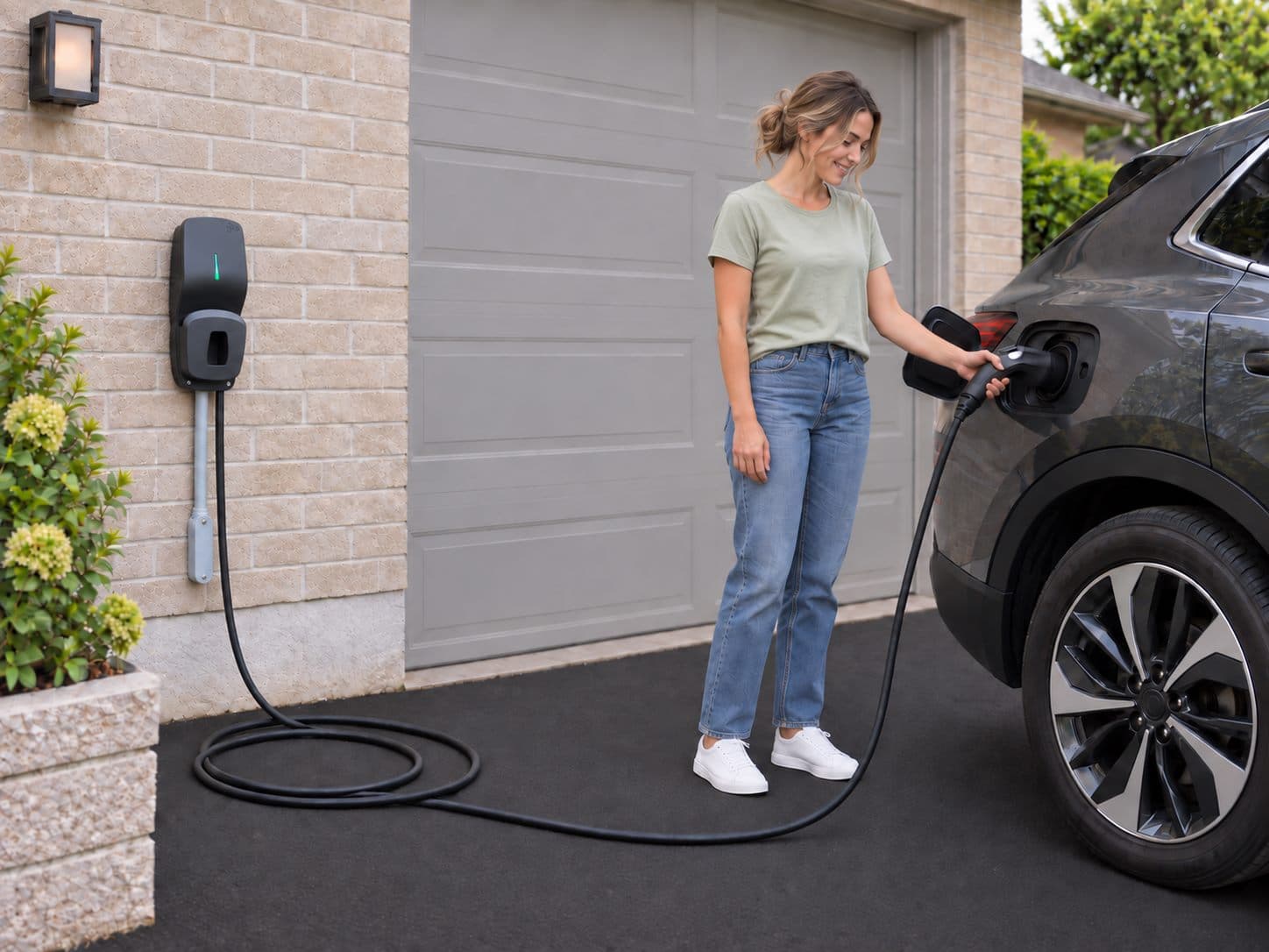 Propriétaire branchant un véhicule électrique à une borne résidentielle