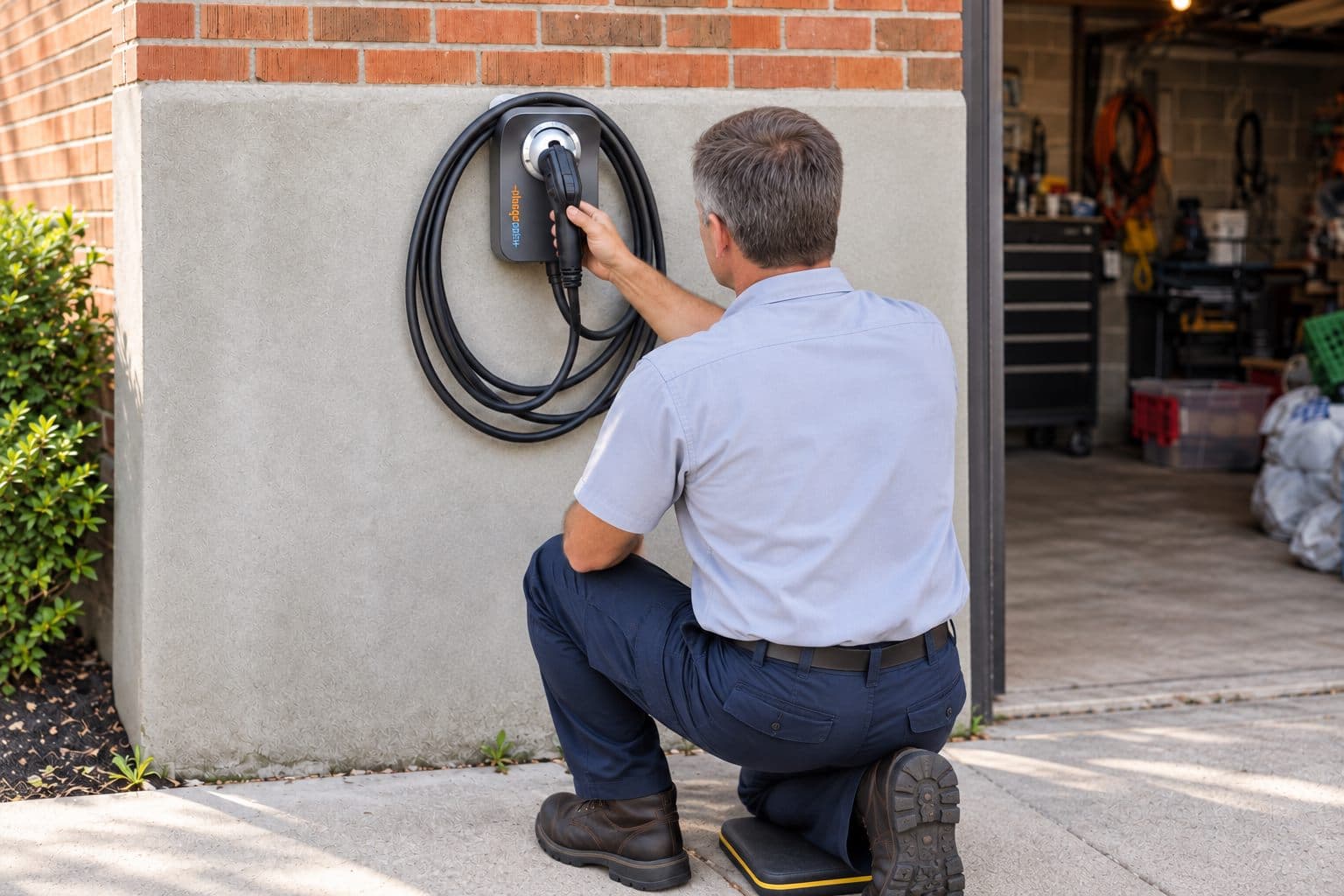 Electrician completing a residential EV charger installation