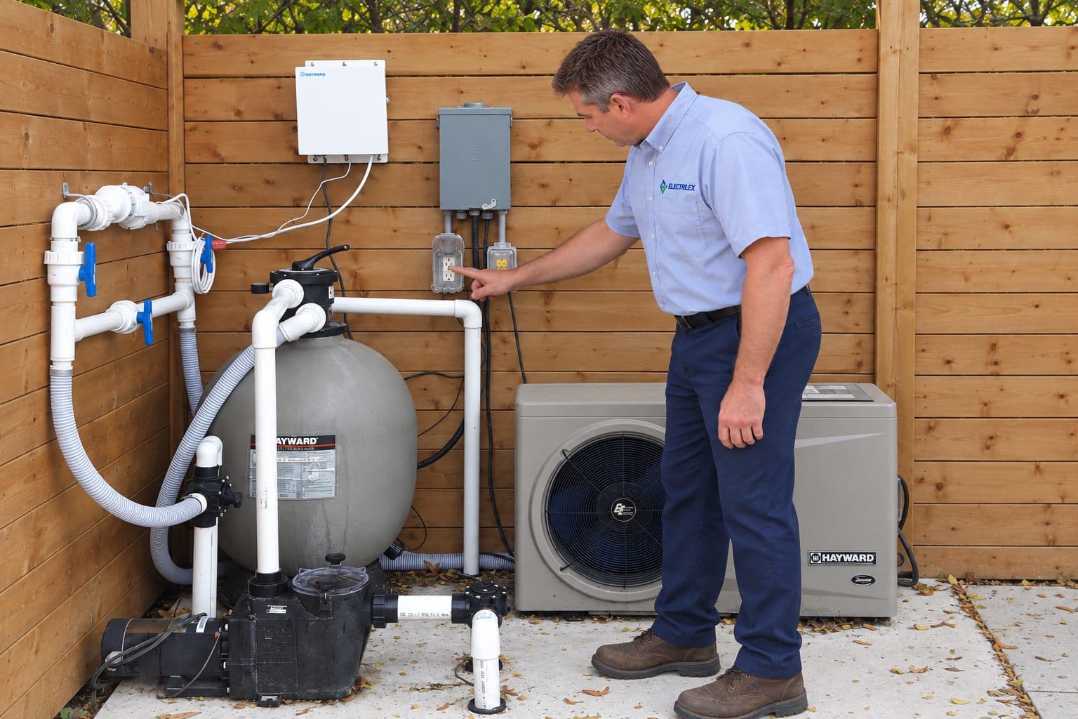 Electrician inspecting residential pool equipment