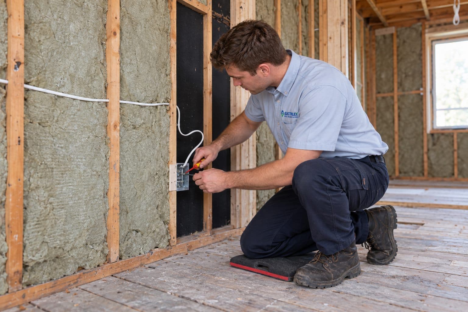 Electrician installing wiring in an open residential wall
