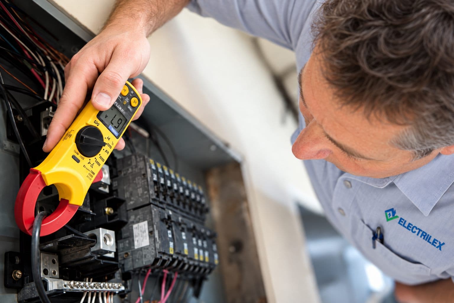 Electrician testing a residential panel with a clamp meter