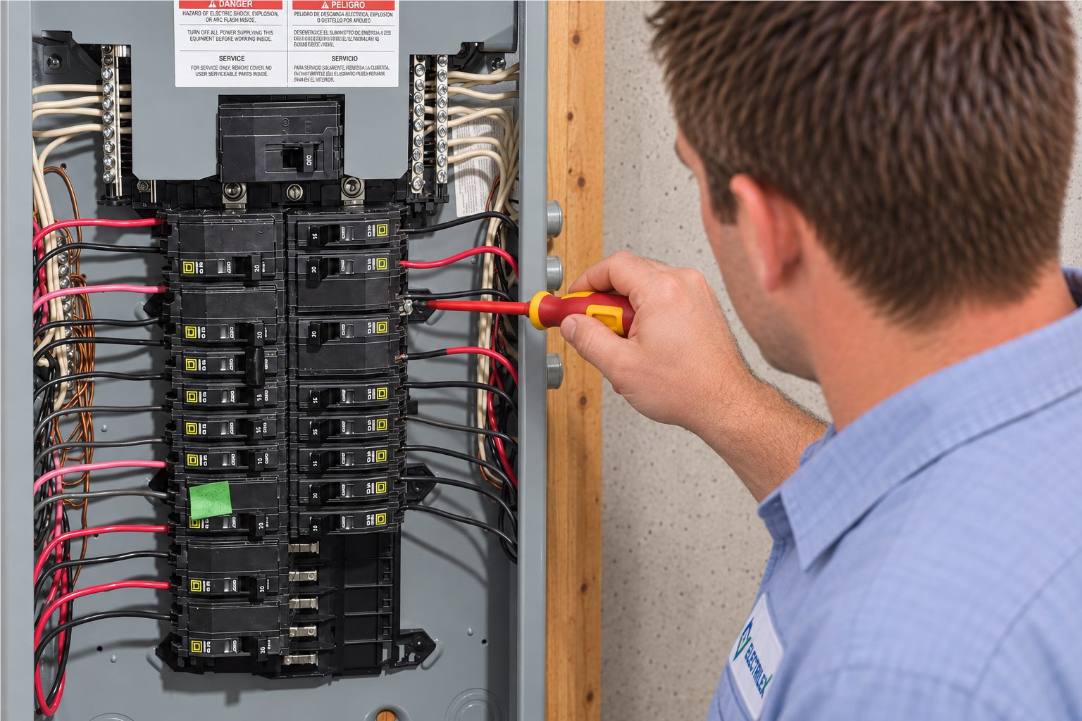 Electrician working carefully inside a modern residential electrical panel