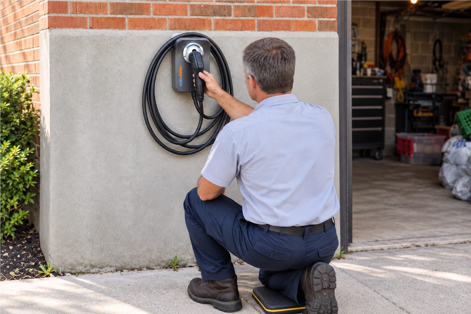 Electrician commissioning a Level 2 charger in a residential garage