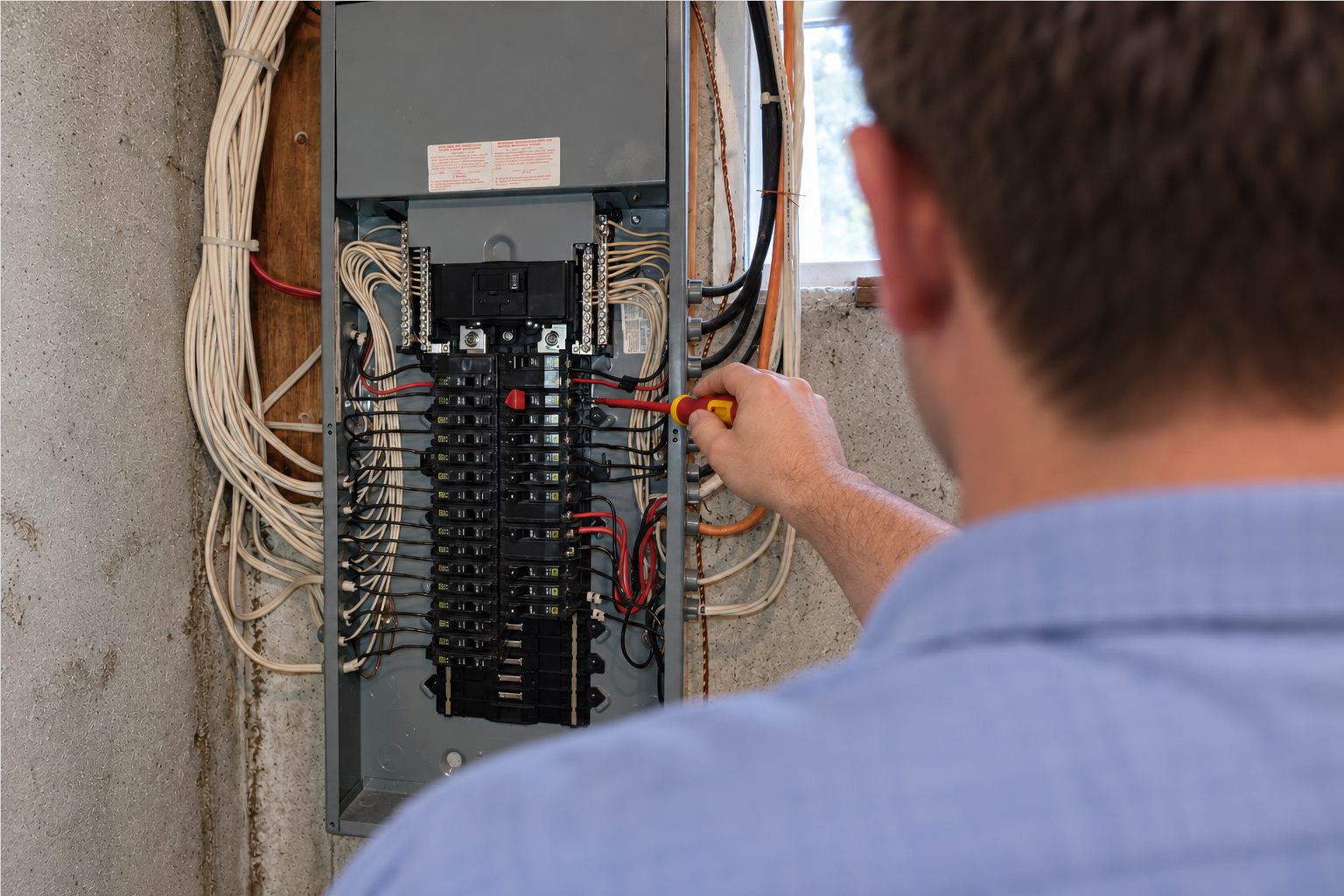 Electrician inspecting an existing residential electrical panel